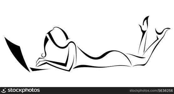 Black silhouette of the girl lying, looking at laptop. vector illustration