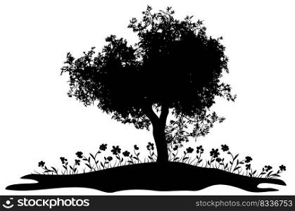 Black silhouette of tree with leaves and grass with flowers illustration.