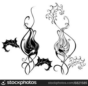 black silhouette of two artistically painted bindweed, white background.&#xA;