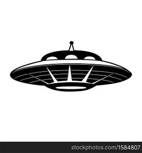 Black silhouette of UFO with. Flying saucer. Unknown flying object. Guest from space. Vector object for icon, logo, card, banner and your creativity.. Black silhouette of UFO with. Flying saucer. Unknown flying object. Guest from space. Vector object