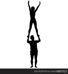 Black silhouette two acrobats show stand on hand. Vector illustration. Black silhouette two acrobats show stand on hand. Vector illustration.