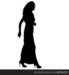 Black silhouette woman standing, people on white background.