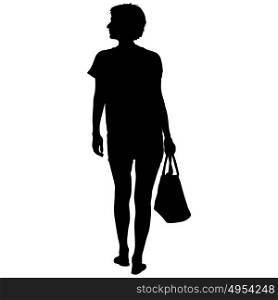 Black silhouette woman standing, people on white background.