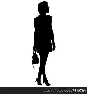 Black silhouette woman standing with a handbag, people on white background.. Black silhouette woman standing with a handbag, people on white background