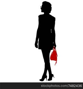 Black silhouette woman standing with a handbag, people on white background.. Black silhouette woman standing with a handbag, people on white background