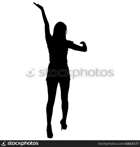 Black silhouette woman standing with arm raised, people on white background.