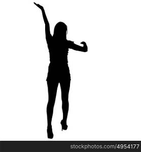 Black silhouette woman standing with arm raised, people on white background.