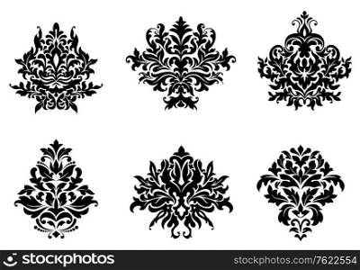 Black silhouetted floral and foliate damask design elements