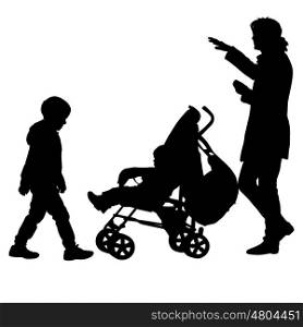 Black silhouettes Family with pram on white background. Vector illustration. Black silhouettes Family with pram on white background. Vector illustration.
