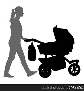 Black silhouettes Family with pram on white background. Vector illustration. Black silhouettes Family with pram on white background. Vector illustration.