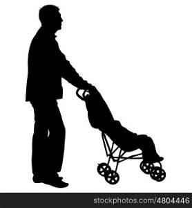 Black silhouettes father with pram on white background. Vector illustration. Black silhouettes father with pram on white background. Vector illustration.