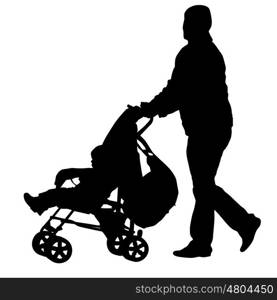 Black silhouettes father with pram on white background. Vector illustration. Black silhouettes father with pram on white background. Vector illustration.