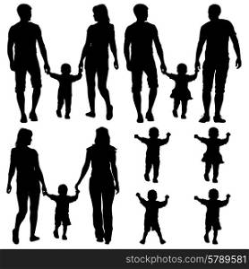 Black silhouettes Gay, lesbian couples and family with children on white background. Vector illustration.