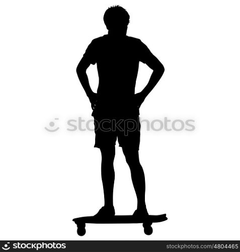 Black silhouettes man standing on a skateboard white background. Vector illustration. Black silhouettes man standing on a skateboard white background. Vector illustration.