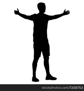 Black silhouettes man with arm raised on a white background.. Black silhouettes man with arm raised on a white background