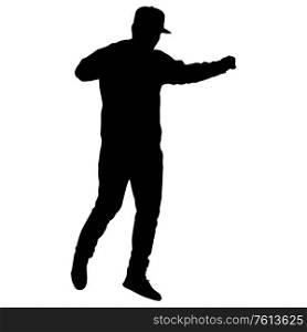 Black silhouettes man with arm raised on a white background.. Black silhouettes man with arm raised on a white background