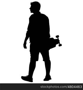 Black silhouettes man with skateboard in hand on white background. Vector illustration. Black silhouettes man with skateboard in hand on white background. Vector illustration.