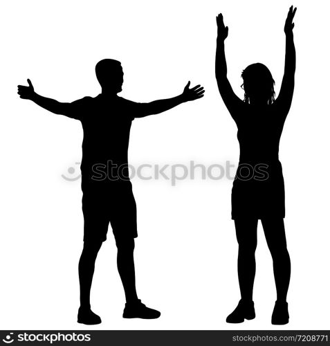 Black silhouettes men and women with arm raised on a white background.. Black silhouettes men and women with arm raised on a white background