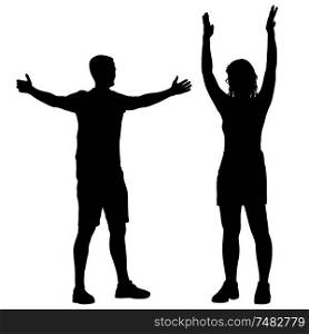 Black silhouettes men and women with arm raised on a white background.. Black silhouettes men and women with arm raised on a white background