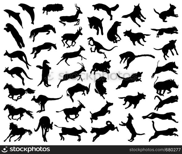Black silhouettes of animals in a jump on a white background