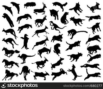 Black silhouettes of animals in a jump on a white background