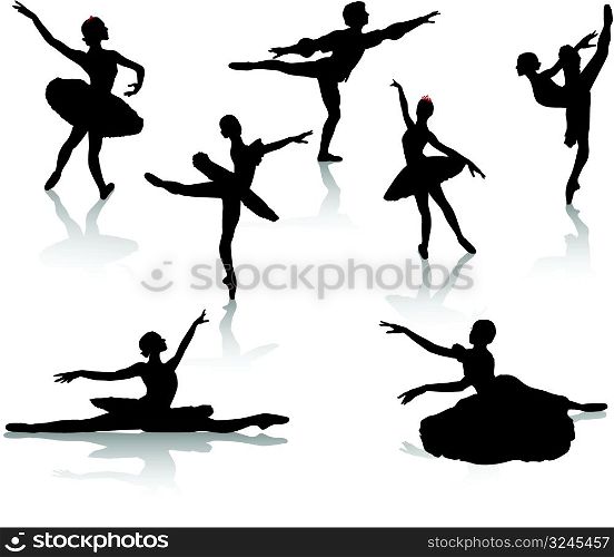 Black silhouettes of ballerinas and dancer in movement on a white background