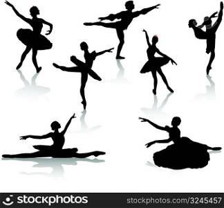 Black silhouettes of ballerinas and dancer in movement on a white background