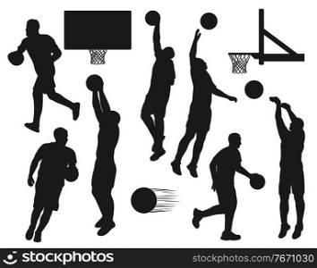 Black silhouettes of basketball sport players throwing balls into nets. Vector sportsmen run and jump during training, sport tournament, playoff game basketball league competition, ch&ionship set. Black silhouettes of basketball sport players set