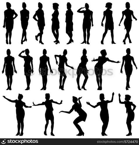 Black silhouettes of beautiful girls in stewardess forage caps on white background. Vector illustration.