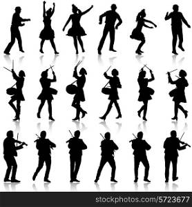 Black silhouettes of beautiful mans and womans. Drummer, violinist and acrobat on white background. Vector illustration.