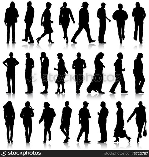 Black silhouettes of beautiful mans and womans on white background. Vector illustration.