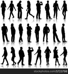 Black silhouettes of beautiful mans and womans on white background. Vector illustration.