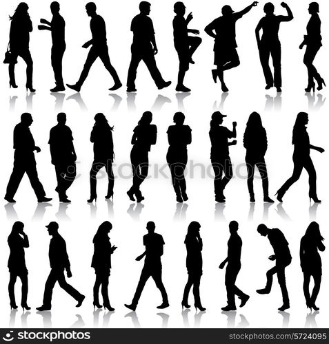 Black silhouettes of beautiful mans and womans on white background. Vector illustration.