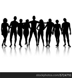 Black silhouettes of beautiful mans and womans on white background. Vector illustration.