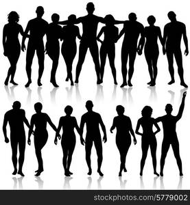 Black silhouettes of beautiful mans and womans on white background. Vector illustration.