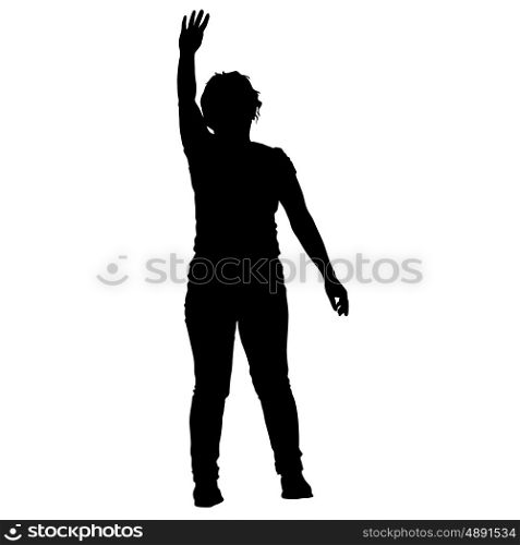 Black silhouettes of beautiful woman on white background. Vector illustration. Black silhouettes of beautiful woman with arm raised. Vector illustration.