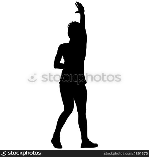 Black silhouettes of beautiful woman on white background. Vector illustration. Black silhouettes of beautiful woman with arm raised. Vector illustration.
