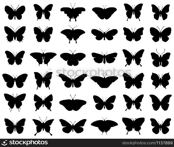 Black silhouettes of butterflies on a white background, vector