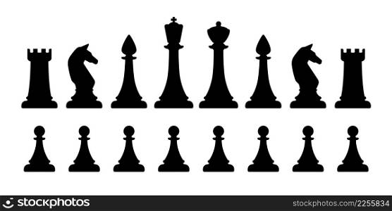 Black silhouettes of chess pieces. Black chess icons.. Black silhouettes of chess pieces on white.