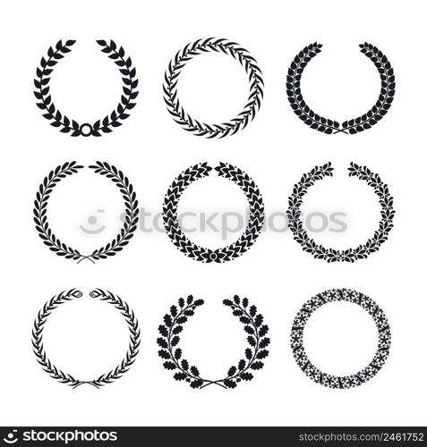 Black silhouettes of circular laurel foliate and wheat wreaths. Victory element, peace and winner, quality collection sign. Vector illustration. Black silhouettes of circular laurel foliate and wheat wreaths