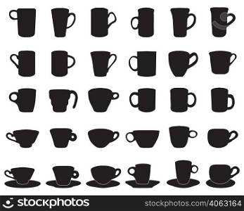 Black silhouettes of coffee and tea cups on a white background