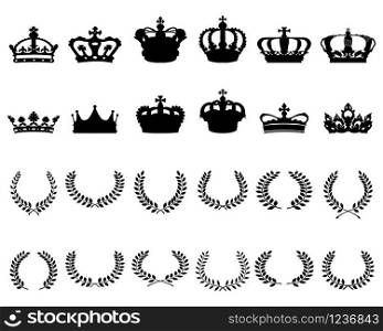 Black silhouettes of crowns and laurel wreaths on a white background