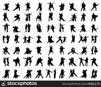 Black silhouettes of dance players on a white background