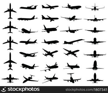 Black silhouettes of different aircrafts on a white background