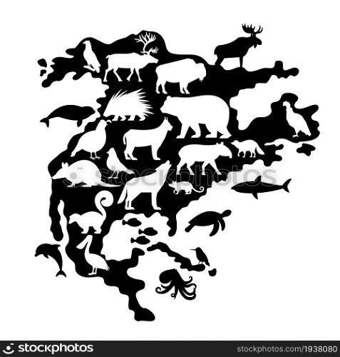 Black silhouettes of different Animals and Birds on North America Map