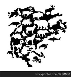 Black silhouettes of different Animals and Birds on North America Map
