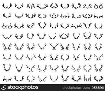 Black silhouettes of different deer horns on white background