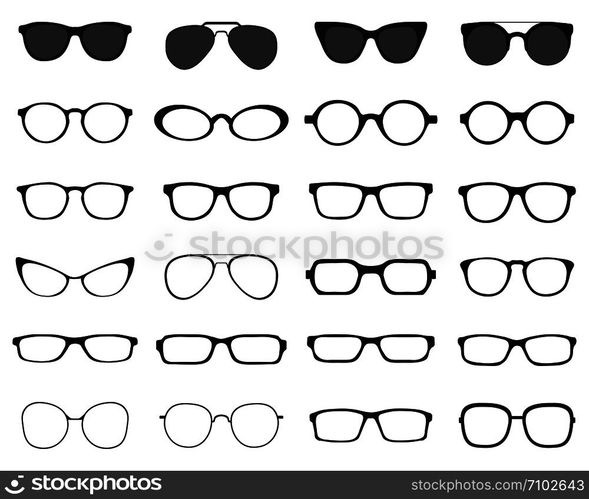 Black silhouettes of different eyeglasses on a white background