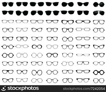 Black silhouettes of different eyeglasses on a white background