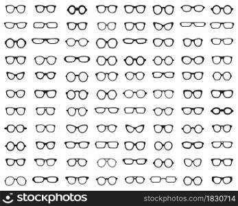 Black silhouettes of different eyeglasses on white background